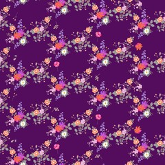 Floral seamless print for fabric. Bouquets of garden flowers isolated on purple background.