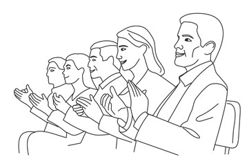 Man and woman applause. Vector black and white illustration