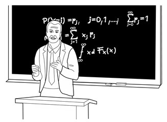 Lecturer and rear formulas on a blackboard