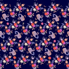 Seamless print for fabric with paisley ornament and bouquets of garden flowers isolated on dark blue background.
