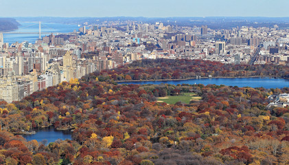 Fototapeta premium Fall colors of Central Park foliage in late afternoon. Aerial view toward Central Park West. Upper West Side, Manhattan, New York City