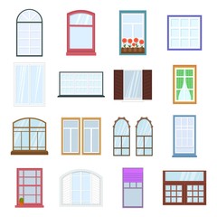 Colorful windows set. Collection of house construction. Interior windows of various forms in flat style. Architecture design outdoor or exterior view, building and home theme.