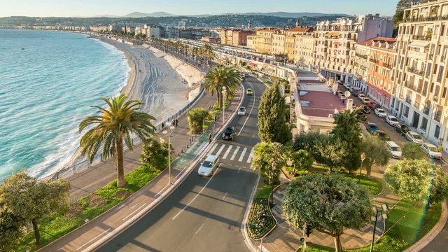 Promenade des Anglias, Nice, Alpes-Maritimes, France. Panoramic view. French riviera. Tme lapse video.