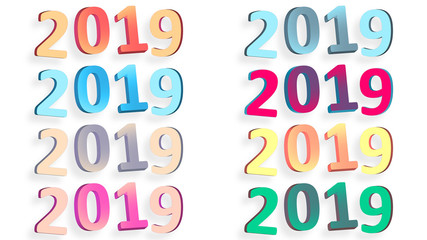 2019 retro signs. New Year. 2019 numbers isolated on white. Abstract shapes 3d. Retro colors. Year of Earth Pig. Winter holiday. Happy New Year. Vintage style illustration.