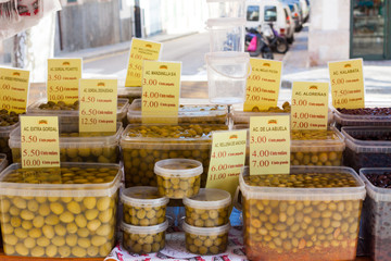 Pickled olives for sale at a local market in Esporles, Mallorca, Spain