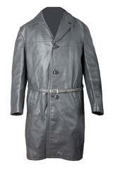 Leather coat. Old vintage male gray leather coat isolated on white. Style of 60s.