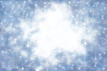Christmas blue background. Abstract light blue winter background with snow and snowflakes and a white cloud. On a white cloud useful space for design.
