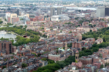 Boston, Massachusetts, USA city skyline aerial panorama view with urban buildings midtown