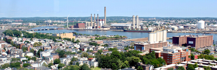 Boston city viewed from Bunker Hill, Massachusetts, USA, August 7, 2017 - obrazy, fototapety, plakaty