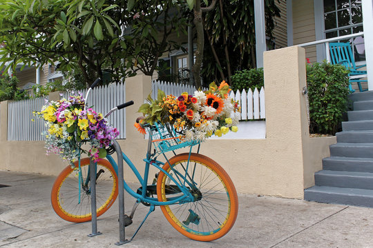 Key West, Florida, USA - July 21, 2016: Bike With Flowers In Duval St In Key West