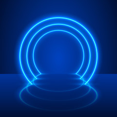 Neon show light podium blue background. Vector illustration