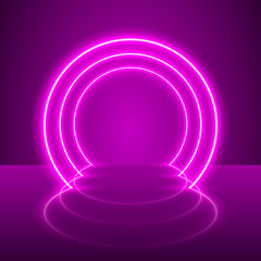 Neon show light podium purple background. Vector illustration