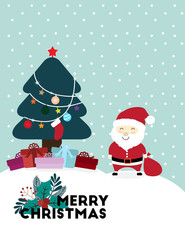 Vector of merry christmas background with santa claus against christmas tree with gifts
