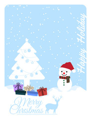 Vector of merry christmas background with snowman against christmas tree with gifts design for card
