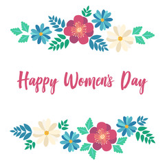 Spring typography poster with cute colorful flowers and Happy Women's Day text in flat style. Vector illustration for 8 March, Mother's Day, greeting cards, invitations. Flower frame background.