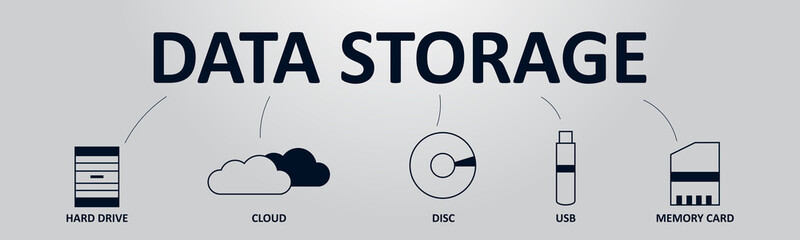 Data Storage Banner Concept. Storage Types from the Past and from the Future. Vector illustration with Icons and Text.