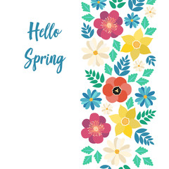 Hello spring typography poster with cute colorful flowers in flat style. Vector illustration for 8 March Woman's Day, Mother's Day, greeting cards, invitations. flower border background, template.