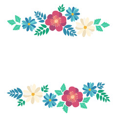 Spring typography poster with cute colorful flowers in flat style, isolated. Vector illustration for 8 March Woman's Day, Mother's Day, greeting cards, invitations. Flower frame with crocus, chamomile