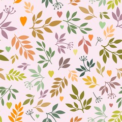 Seamless pattern with  leaves and hearts for fabric, textile, wrapping paper, card, invitation, wallpaper, web design, background. Elements isolated on background, editable details. 