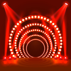 Show light podium red background. Vector illustration