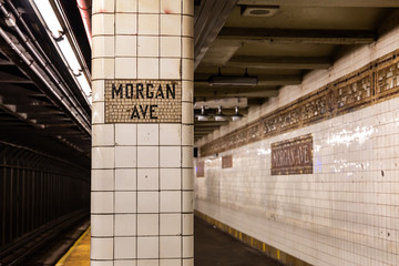 Brooklyn NY / USA - AUG 20 2018: Morgan Ave Subway Platform