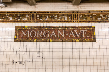 Brooklyn NY / USA - AUG 20 2018: Morgan Ave Subway Sign