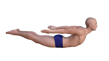 Obraz na płótnie Canvas Yoga man in salabhasana or locust pose. Horizontal 3d render isolated on white.
