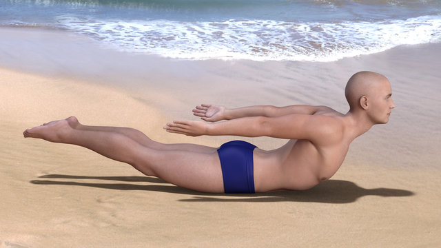 Yoga man in salabhasana or locust pose on a sandy beach. Horizontal 3d render.