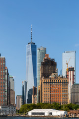 New York City / USA - AUG 22 2018: Lower Manhattan skyscrapers and buildings view from the Statue of Liberty