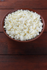 Cottage cheese. Cottage cheese on wooden boards. Soft cheese in earthenware dish. Milk product with wooden spoon. Copy space