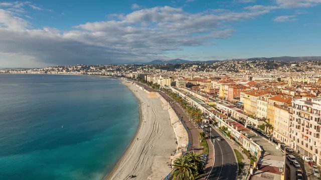 Promenade des Anglias, Nice, France.  French riviera. Clouds move across the sky. Time lapse video.