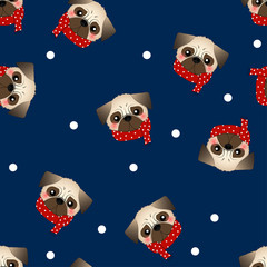 Pug Dog with Red Scarf on Navy Blue Background