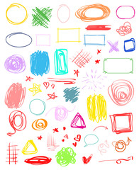 Multicolored infographic elements isolated on white. Set of different indicator signs. Tangled backdrops. Hand drawn simple objects. Line art. Abstract circles, arrows and rectangles. Symbols for work