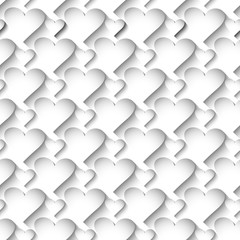 White 3d vector love hearts seamless pattern. Surface ornamental light background. Valentines day ornament. Abstract modern decorative design with shadows. Elegant ornate design. For cards, prints