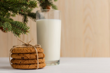 Milk and cookies for Santa Claus under the christmas tree. Concept, copy Space.
