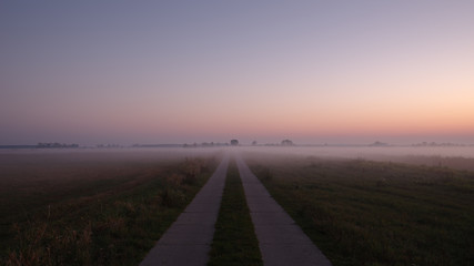 Bodennebel bedeckt Plattenweg vor Sonnenaufgang