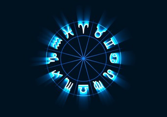 Vector illustration of glowing astrology zodiac signs in circle.