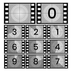 Movie count. Retro film countdown frames, old cinema filmstrip count down slides vector illustration