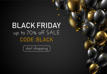 Black friday sale promotion poster with shiny balloons and serpentine.