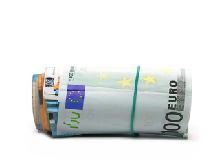 one hundred banknote euro roll isolated on white