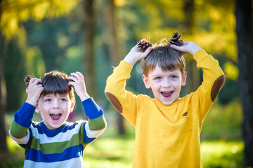 Two Cute sibling little boy playing together with two big pine cones outdoors.