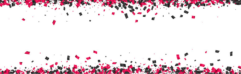 White festive banner with pink and black paper confetti.