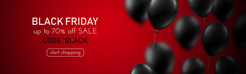 Black friday sale red promo banner with black balloons.