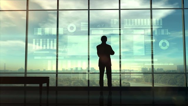 Silhouette of a trader in the office before infographics