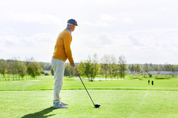 Contemporary mature man in comfortable casualwear holding golf club close to green field during game