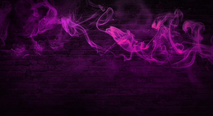 colorful smoke on a black background. Empty background of black brick wall, neon light, smoke.