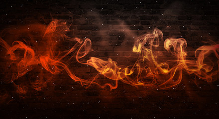 colorful smoke on a black background. Empty background of black brick wall, neon light, smoke.