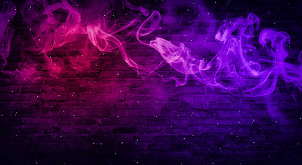 colorful smoke on a black background. Empty background of black brick wall, neon light, smoke.