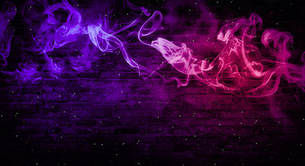 colorful smoke on a black background. Empty background of black brick wall, neon light, smoke.