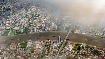 High angle top view on plane,Chao Phraya River Rama 9 Bridge Thailand, Bangkok Thailand capital